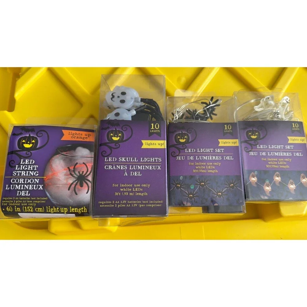 Lot Of 4 Halloween Battery Powered LED Light Sets Ghost, Skulls, Spider, &cordon